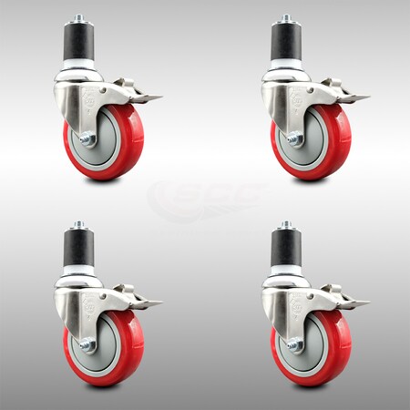 Service Caster 4 Inch 316SS Red Poly Swivel 1-3/4 Inch Expanding Stem Caster Set Lock Brake SCC-SS316TTLEX20S414-PPUB-RED-134-4